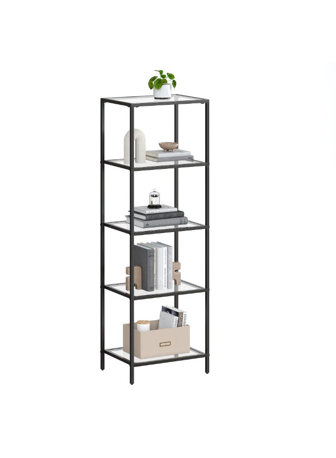 VASAGLE 5-Tier Glass Shelf, Bookshelf, Storage Rack, Tempered Glass, Easy Assembly, for Bathroom, Living Room, Bedroom, Office, Ink Black - Image 1