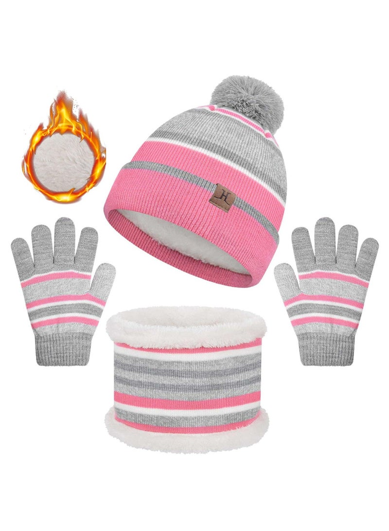 CMGTYYD. طقم قفازات ووشاح وقبعة صغيرة دافئة للأطفال 3 في 1 طقم قفازات ووشاح وقبعة حرارية متماسكة 3 في 1 طقم إكسسوارات شتوية طقم قفازات ووشاح سنود مع بطانة صوف مزدوجة الطبقة للأولاد بنات (وردي) - Image 1