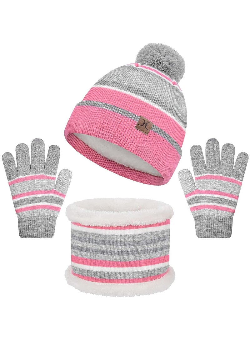CMGTYYD. طقم قفازات ووشاح وقبعة صغيرة دافئة للأطفال 3 في 1 طقم قفازات ووشاح وقبعة حرارية متماسكة 3 في 1 طقم إكسسوارات شتوية طقم قفازات ووشاح سنود مع بطانة صوف مزدوجة الطبقة للأولاد بنات (وردي) - Image 2