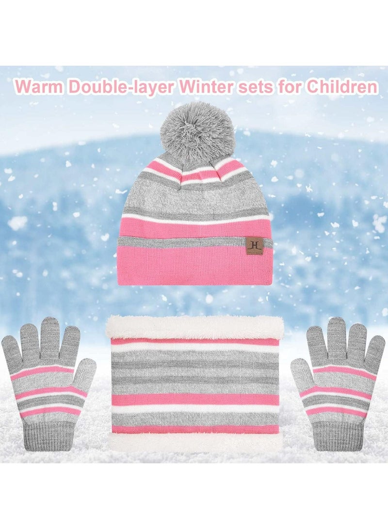 CMGTYYD. طقم قفازات ووشاح وقبعة صغيرة دافئة للأطفال 3 في 1 طقم قفازات ووشاح وقبعة حرارية متماسكة 3 في 1 طقم إكسسوارات شتوية طقم قفازات ووشاح سنود مع بطانة صوف مزدوجة الطبقة للأولاد بنات (وردي) - Image 4