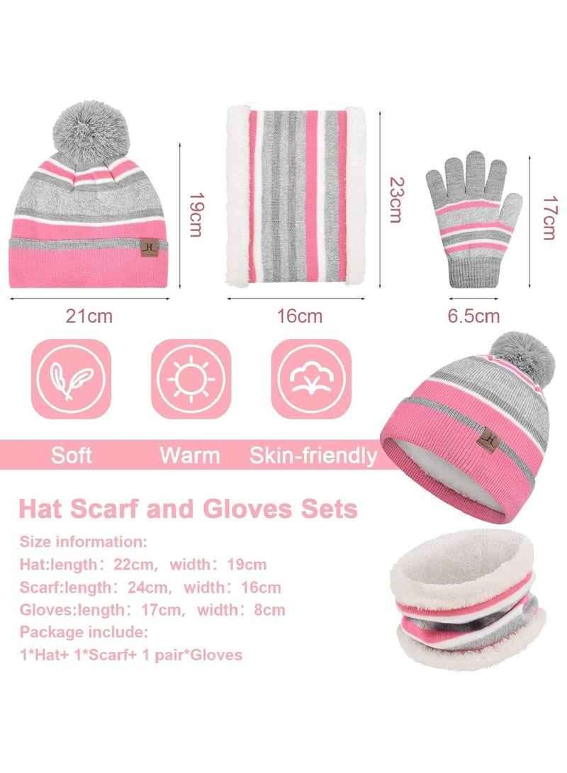 CMGTYYD. طقم قفازات ووشاح وقبعة صغيرة دافئة للأطفال 3 في 1 طقم قفازات ووشاح وقبعة حرارية متماسكة 3 في 1 طقم إكسسوارات شتوية طقم قفازات ووشاح سنود مع بطانة صوف مزدوجة الطبقة للأولاد بنات (وردي) - Image 5