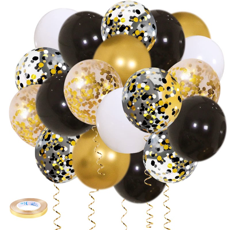 Zesliwy Black Gold Confetti Balloons 50 pack - 12 Inch Gold White and Black Confetti Balloons with Ribbons for Graduation Birthday Wedding Party Decorations - Image 1