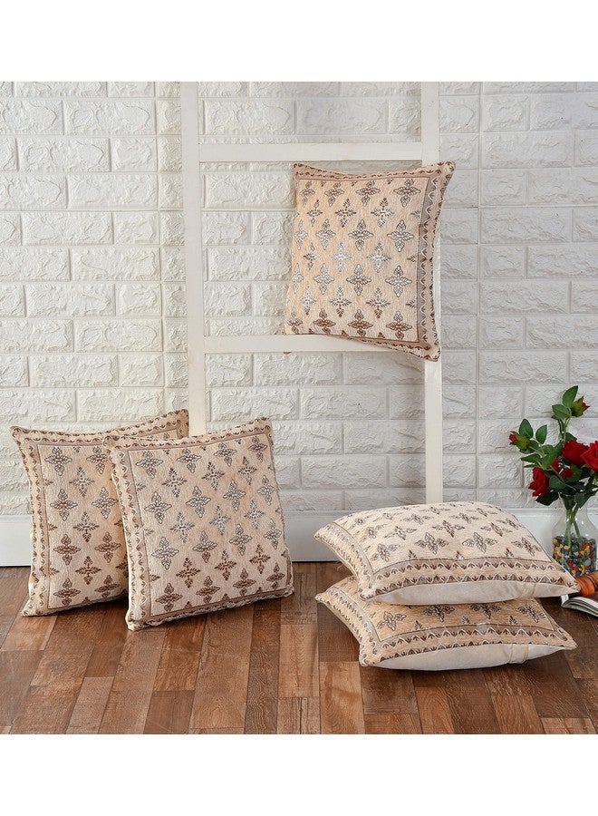 DECOMIZER DECOMIZER Jacquard Geomteric Cushion Covers 16 Inch X 16 Inch Set Of 5 Ethnic Motifs 240 TC Cushion Covers,Design- Plus,Color- Beige - Image 2