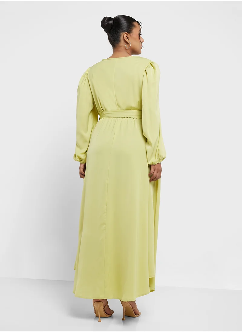 جينجر بلس Puff Sleeves Belted Maxi Dress