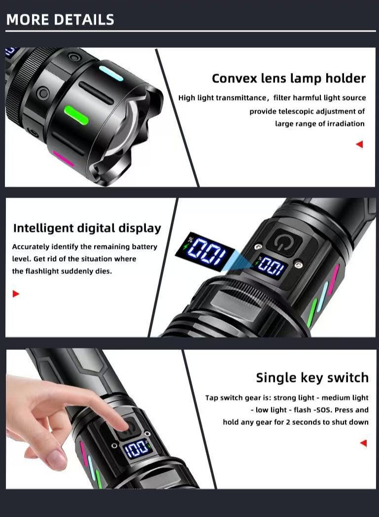 Rechargeable LED Flashlights, Super Bright Zoomable Flashlight with 5 Modes, Adjustable High Lumens with LCD display, Handheld Light with 26650 Battery Camping Outdoor Emergency - Image 3