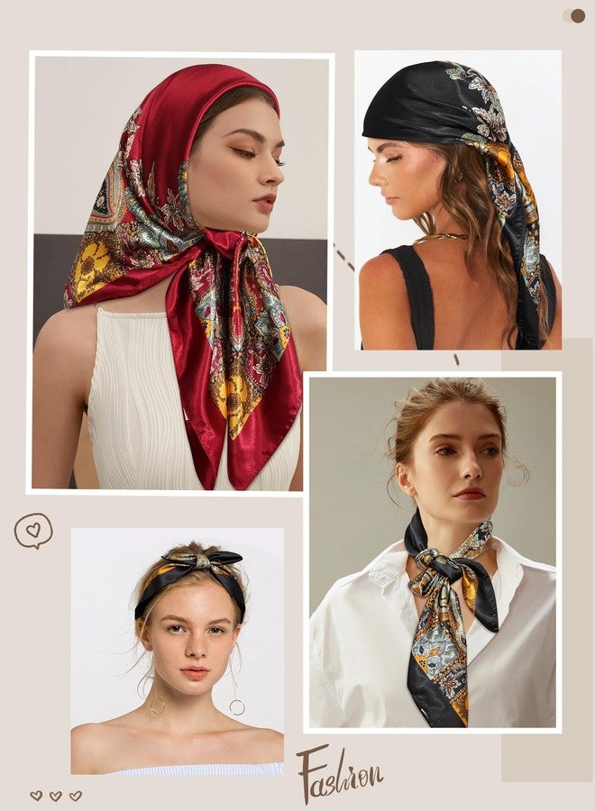 سي اتش ال اي انس اس وشاح رأس كبير من الساتان من تشلينز، مقاس 35 بوصة، قطعتان، مربعتان، يشبه الحرير، لربط الشعر أو لف الرقبة، بنقشة بيزلي (أسود + أحمر)، مقاس واحد - Image 4