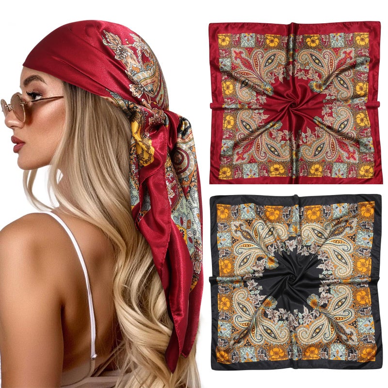 سي اتش ال اي انس اس وشاح رأس كبير من الساتان من تشلينز، مقاس 35 بوصة، قطعتان، مربعتان، يشبه الحرير، لربط الشعر أو لف الرقبة، بنقشة بيزلي (أسود + أحمر)، مقاس واحد - Image 1