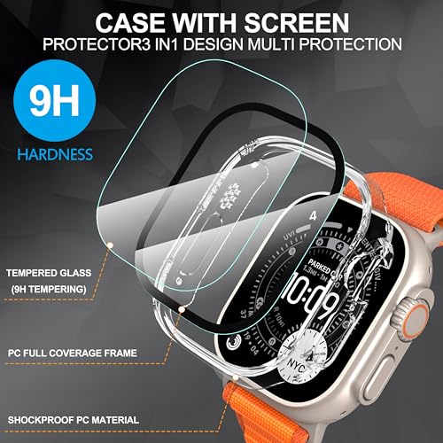 Diruite Suoman 2-Pack for Apple Watch Ultra 3/2/1 49mm Case, Ultra-Thin Tempered Glass Screen Protector, All-Around PC Protection Cover for iWatch Ultra 49mm 3/2/1 - Clear - Image 4