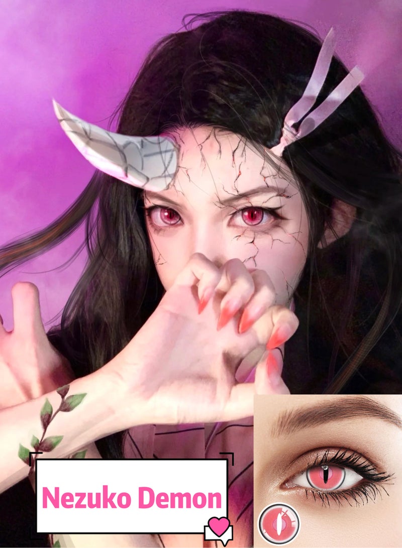 Unibling Demon Slayer Kamado Nezuko Yearly Colored Contact Lenses,  Unisex Cosmetic Cosplay Contact Lenses, Enlargement Collection, Light Pink, With Case - Image 1