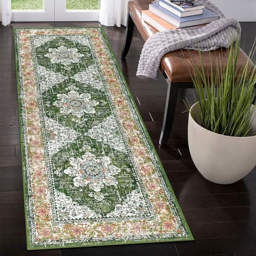 Ileading Vintage Runner Rug for Hallway Machine Washable Area Rug Runners with Rubber Backing Non Slip Kitchen Floor Mat for Bedroom Livingroom Green 2x6ft