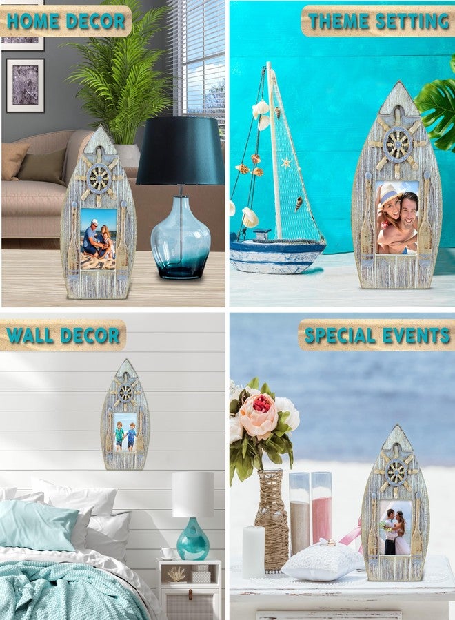Puzzled CoTa Global Vintage Boat Frame - 2.5x3.5 White Distressed Wood Seashell Photo Frame, Handmade Tropical Sand Nautical Picture Frame For Tabletop or Wall Hang - 8.25 Inches - Image 3