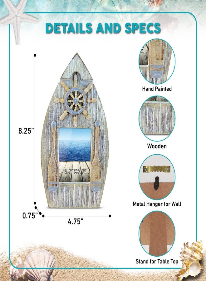 Puzzled CoTa Global Vintage Boat Frame - 2.5x3.5 White Distressed Wood Seashell Photo Frame, Handmade Tropical Sand Nautical Picture Frame For Tabletop or Wall Hang - 8.25 Inches - Image 2