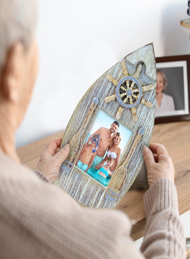 Puzzled CoTa Global Vintage Boat Frame - 2.5x3.5 White Distressed Wood Seashell Photo Frame, Handmade Tropical Sand Nautical Picture Frame For Tabletop or Wall Hang - 8.25 Inches - Image 4