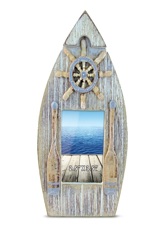 Puzzled CoTa Global Vintage Boat Frame - 2.5x3.5 White Distressed Wood Seashell Photo Frame, Handmade Tropical Sand Nautical Picture Frame For Tabletop or Wall Hang - 8.25 Inches - Image 1