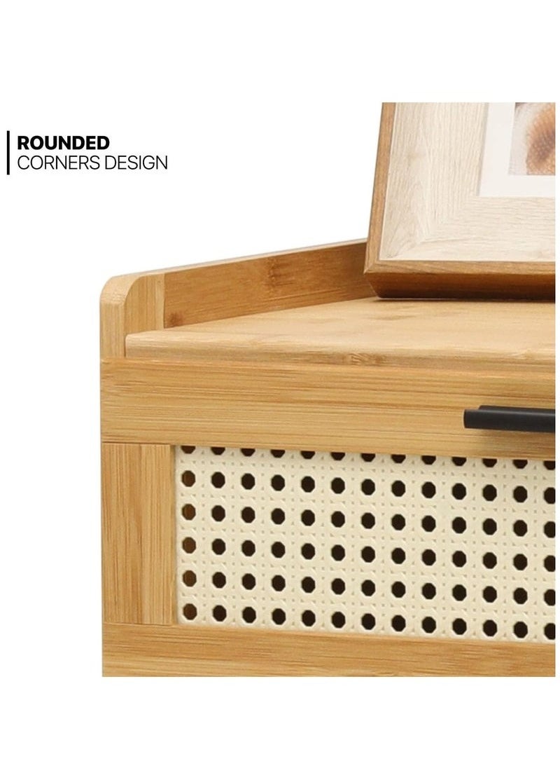 MIXDE 3-Tier boho Wood Bamboo Bedside Table, Nightstand Bedside Cabinet, Side Table, End Table, Sofa Table, Coffee Table with Drawer Storage, open shelf for Bedroom Living Room Office  - Image 3