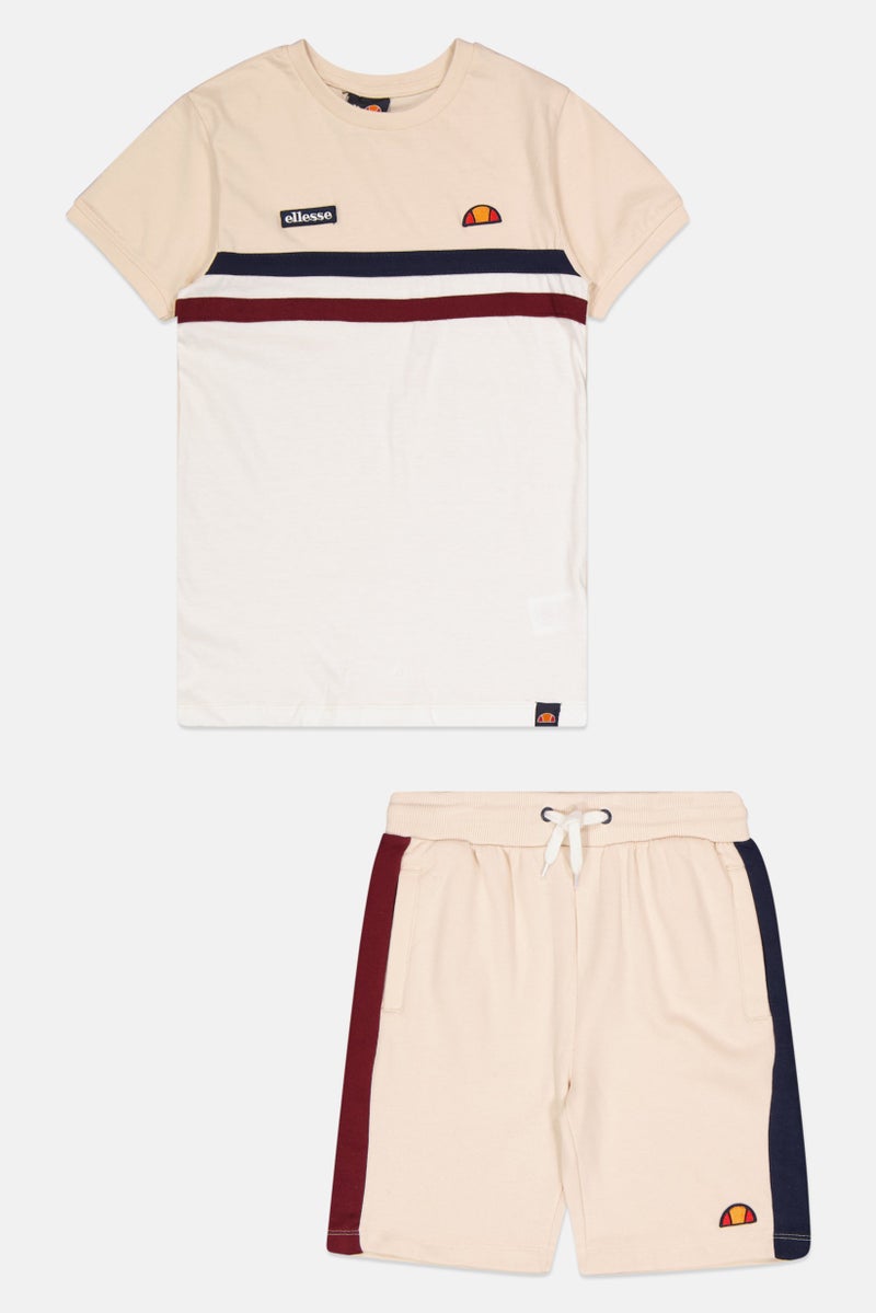 Ellesse تي شيرت وشورت مطرز بشعار للأطفال الأولاد 2 قطعة، بيج - Image 1