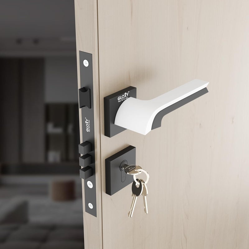 GLOXY GLOXY Premium Door Locks for Main Door Door Lock for Bedroom Mortise Door Lock Set Door Lock Handle Set with 3 Brass Key for HomeOfficeHotel White Black Finish 2 Years Warranty Pack of 1  - Image 1