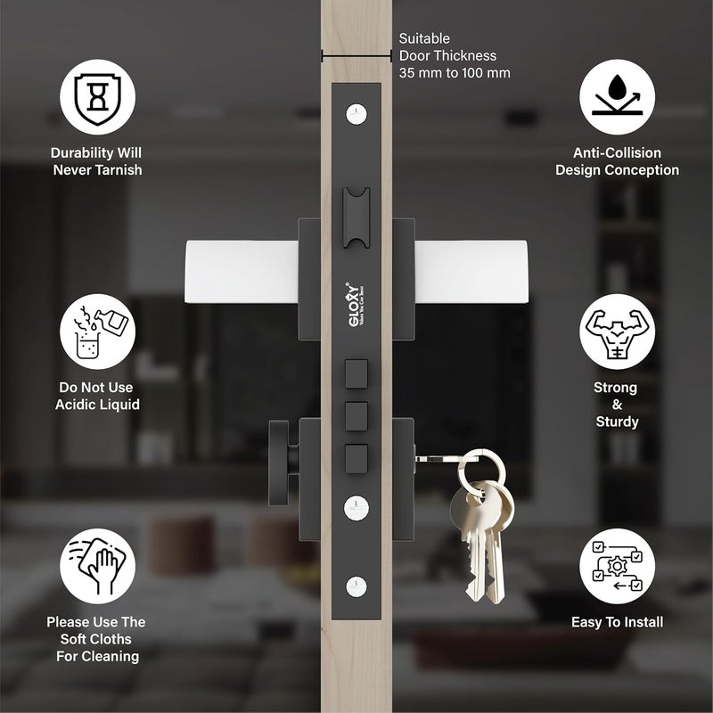 GLOXY GLOXY Premium Door Locks for Main Door Door Lock for Bedroom Mortise Door Lock Set Door Lock Handle Set with 3 Brass Key for HomeOfficeHotel White Black Finish 2 Years Warranty Pack of 1  - Image 2