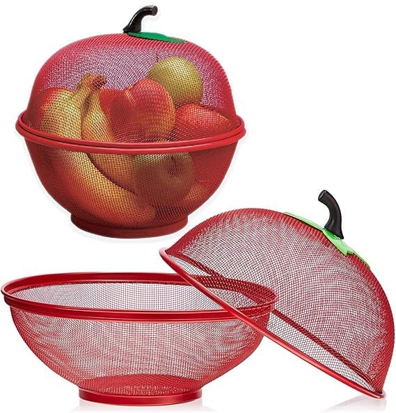 BKQPTL Apple Shaped Fruit Basket with Lid Cover Metal Wire Container for Kitchen Food Vegetable Storage Holder Mesh Bowl Strainer Covered Counter Fruits Drain Strainers Vegetables and Fruits (Red) - Image 1