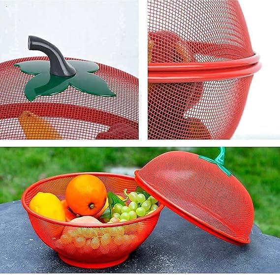 BKQPTL Apple Shaped Fruit Basket with Lid Cover Metal Wire Container for Kitchen Food Vegetable Storage Holder Mesh Bowl Strainer Covered Counter Fruits Drain Strainers Vegetables and Fruits (Red) - Image 2