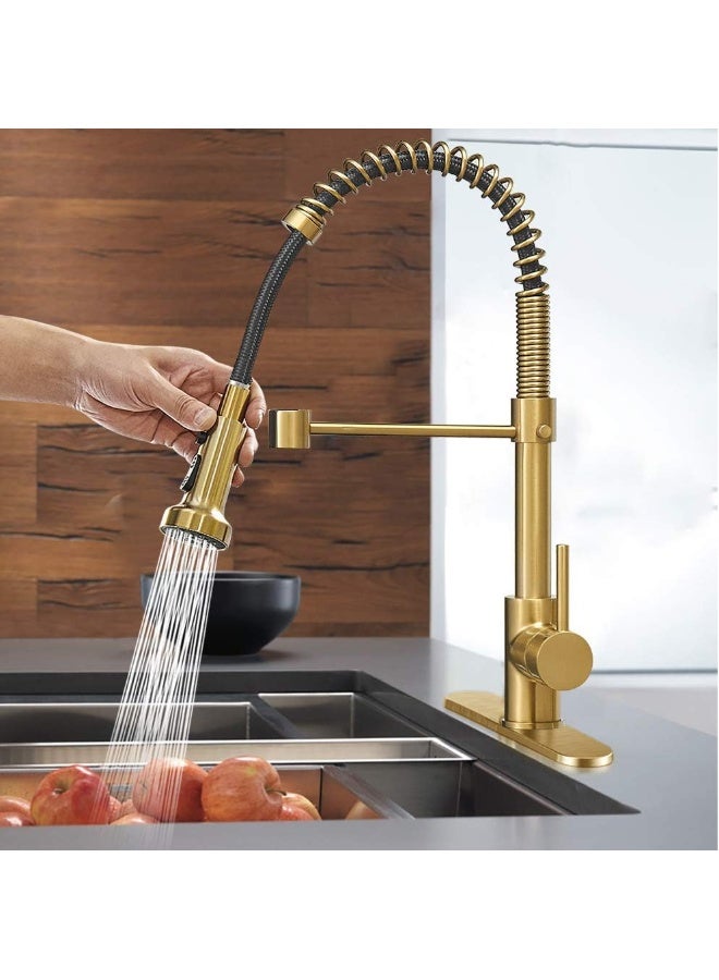 Hoimpro Brushed Gold High Arc Spring Kitchen Faucet with Pull Down Sprayer - Image 2