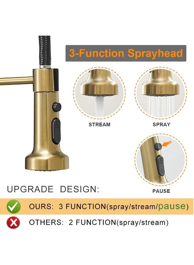 Hoimpro Brushed Gold High Arc Spring Kitchen Faucet with Pull Down Sprayer - Image 4