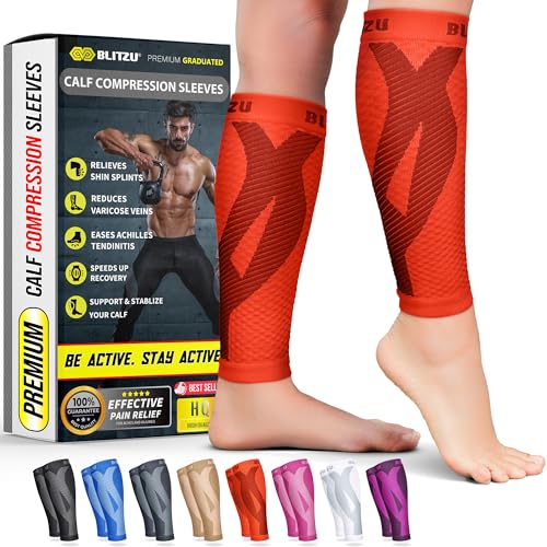 BLITZU Calf Compression Sleeve for Women and Men, Shin Splint Sleeves for Varicose Veins, Nursing, Pregnancy, Running, Footless Compression Socks Support for Calf Muscle Pain Relief Orange L-XL - Image 1