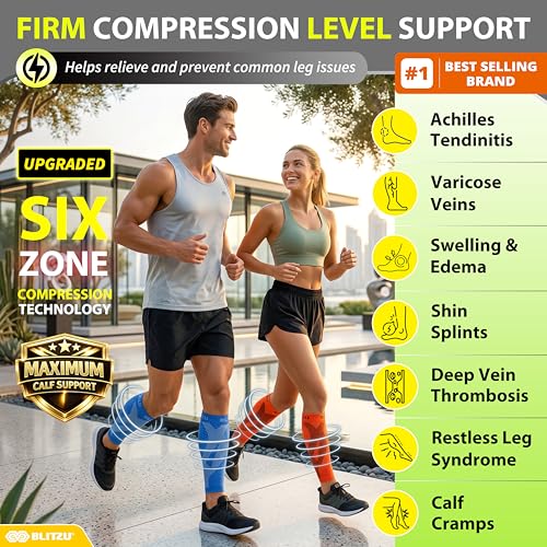 BLITZU Calf Compression Sleeve for Women and Men, Shin Splint Sleeves for Varicose Veins, Nursing, Pregnancy, Running, Footless Compression Socks Support for Calf Muscle Pain Relief Orange L-XL - Image 2