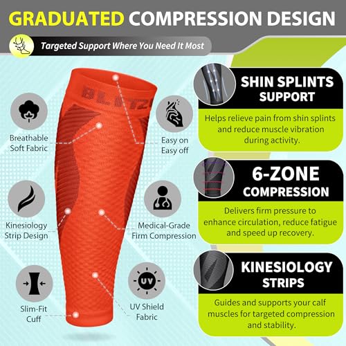 BLITZU Calf Compression Sleeve for Women and Men, Shin Splint Sleeves for Varicose Veins, Nursing, Pregnancy, Running, Footless Compression Socks Support for Calf Muscle Pain Relief Orange L-XL - Image 3