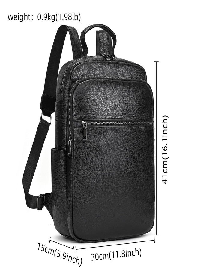 SAIION Genuine Leather 15.6 Inch Laptop Backpack for Men Women, Business Travel Bag Hiking Rucksack Backpack Daypack, 8017 Black - Image 2