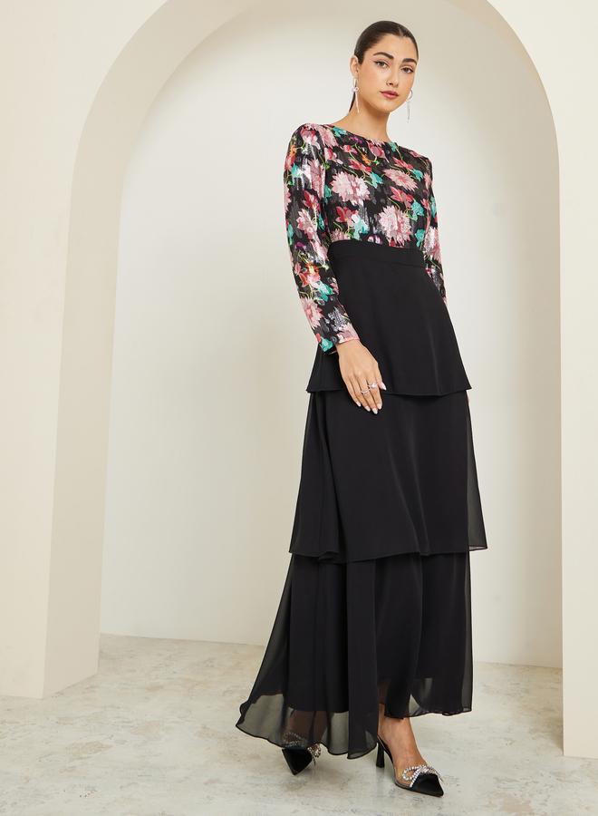 Styli Floral Printed Long Sleeve Tiered Maxi Dress - Image 3