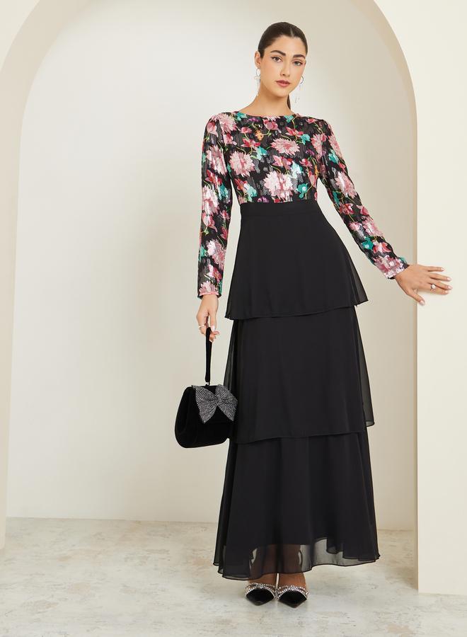 Styli Floral Printed Long Sleeve Tiered Maxi Dress - Image 1