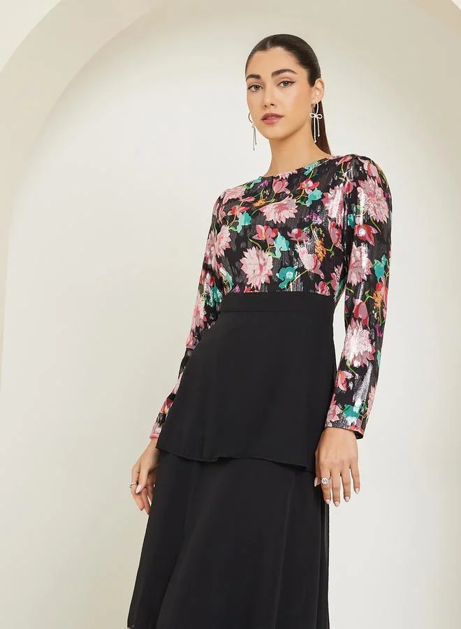 Styli Floral Printed Long Sleeve Tiered Maxi Dress