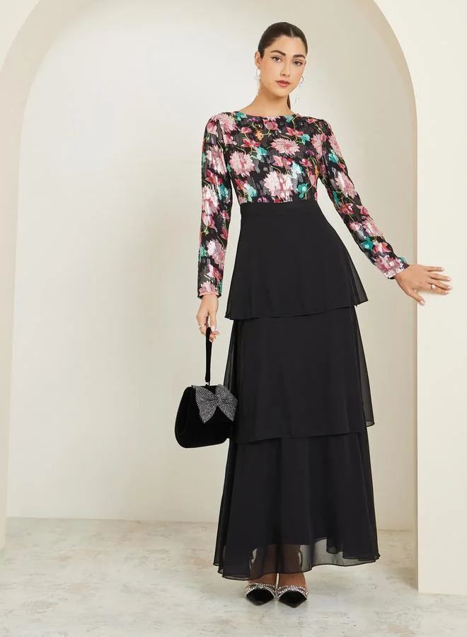 Styli Floral Printed Long Sleeve Tiered Maxi Dress