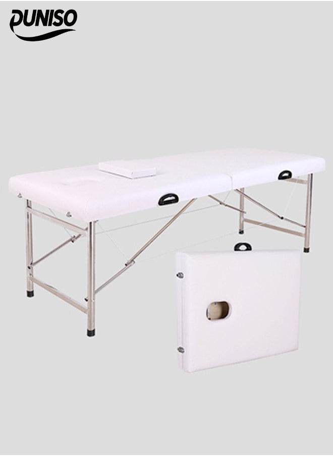 DUNISO Portable Massage Table,Foldable Professional Massage Tables with Pillow,SPA Bed with Stainless Steel Frame 2 Fold for SPA Salon Tattoo Massage Therapeutic Treatment,White  - Image 1