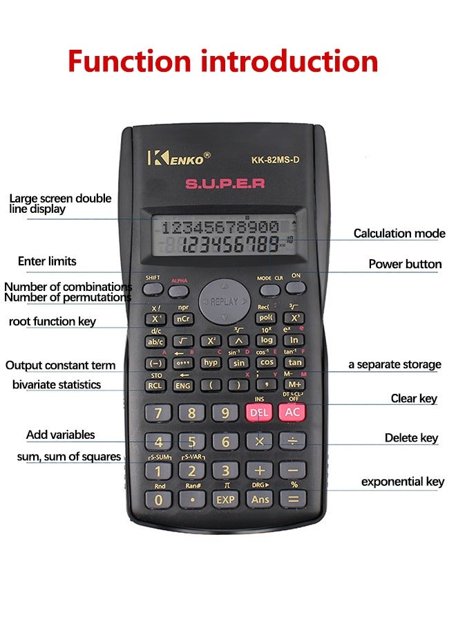 Scientific Calculator 240 Functions 2-Line 10+2 Digits Written Display - Ideal for Students and Teachers, Black