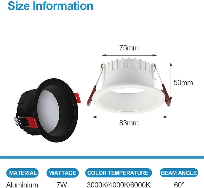 LED Recessed Downlight Round Aluminum Can Lights Baffle Trim Deep Anti-Glare Daylight Retrofit Downlight for Living Room Corridor Lighting Simple Retrofit Installation Cut Size：75mm - Image 2