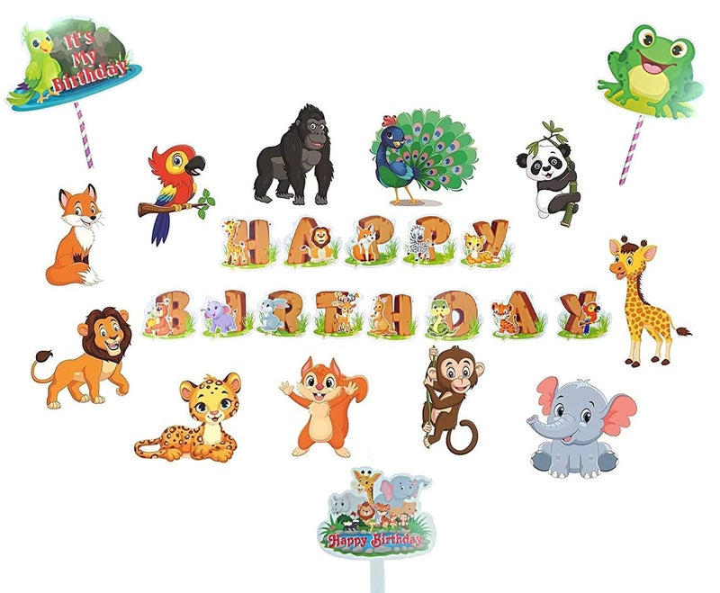 FI - FLICK IN 50 pcs 7th Birthday Jungle Theme Decoration for Boys Safari Animals Cutouts Animal Banner Lion King Decoration 7th Birthday Decoration for Boys Animal Theme Party (Pack of 50,Multicolor) - Image 3
