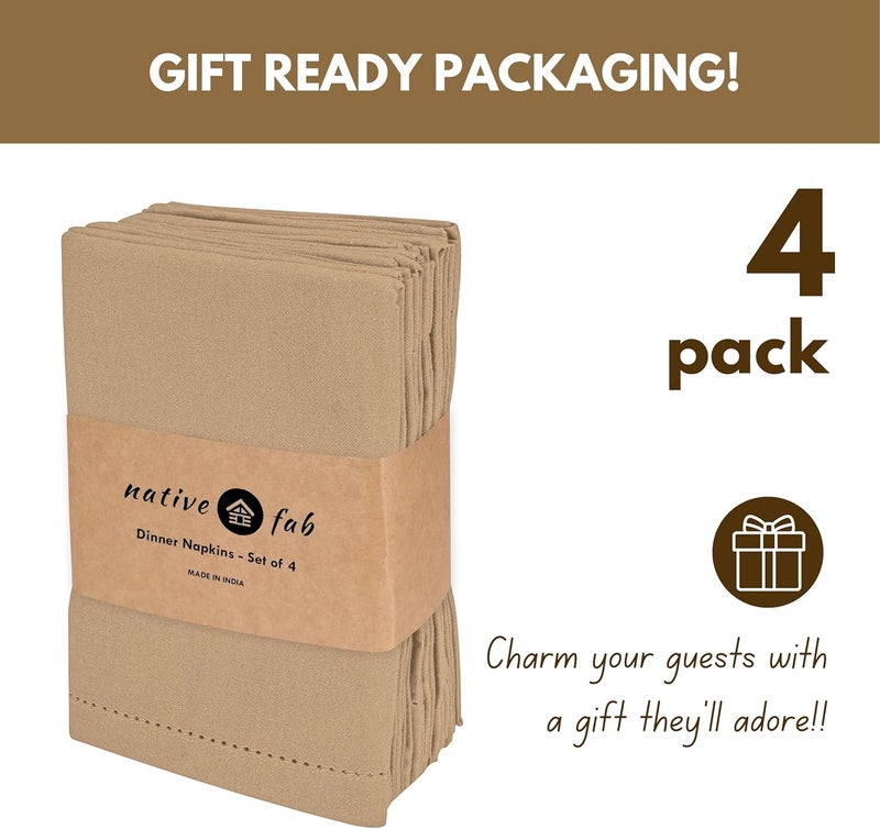 Native Fab Cloth Napkins Set of 4 100 Cotton Hemstitch Mitered Corners 18x 18 Soft Washable Absorbent Reusable Premium Linen Quality  Events Wedding Party Dinner Napkins  Beige - Image 4