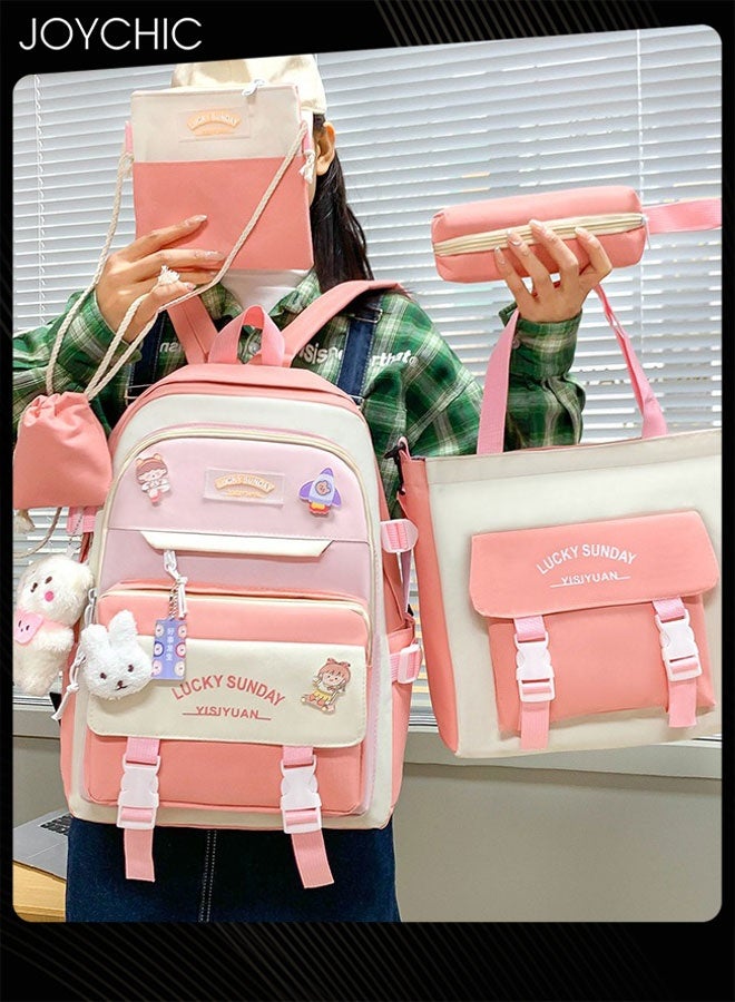 Joychic 5 Piece Large Capacity Waterproof and Wear-resistant School Backpack with Lovely Pendant Portable Multifunction School Bag for Primary Middle High School Students - Image 2