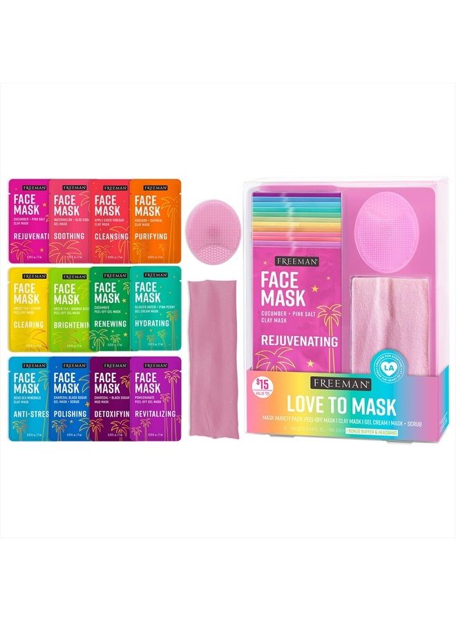 Freeman Facial Love To Mask Variety Pack: Oil Absorbing Clay, Detoxifying Charcoal, Clearing Peel Off, Hydrating Gel Cream, Exfoliating Scrub, 14 Piece Kit with Bonus Buffer and Headband - Image 1