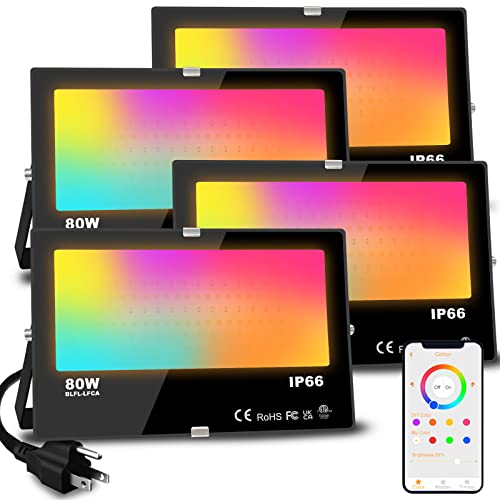 MELPO مصباح الفيضانات LED الخارجي MELPO بقوة 800 واط مكافئ 8000 لومن إضاءة المناظر الطبيعية الذكية RGB مع التحكم عبر التطبيق، مشاهد DIY - توقيت - أبيض دافئ 2700 ك - إضاءة ملونة متغيرة، مقاوم للماء IP66 قابس أمريكي (4 عبوات) - Image 1