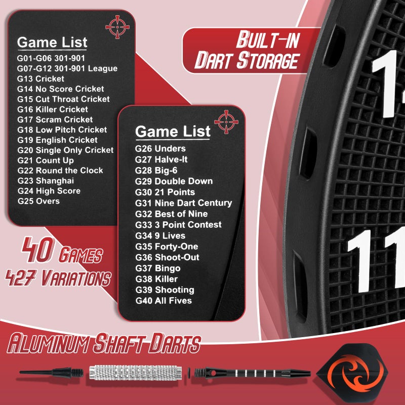 PAETAE Electronic Dart Board, Soft Tip Dartboard Set 40 Games, 427 Variants Digital Electric Dart Boards with Colorful LED, 6 Darts, 100 Tips, Power Adapter - Image 4