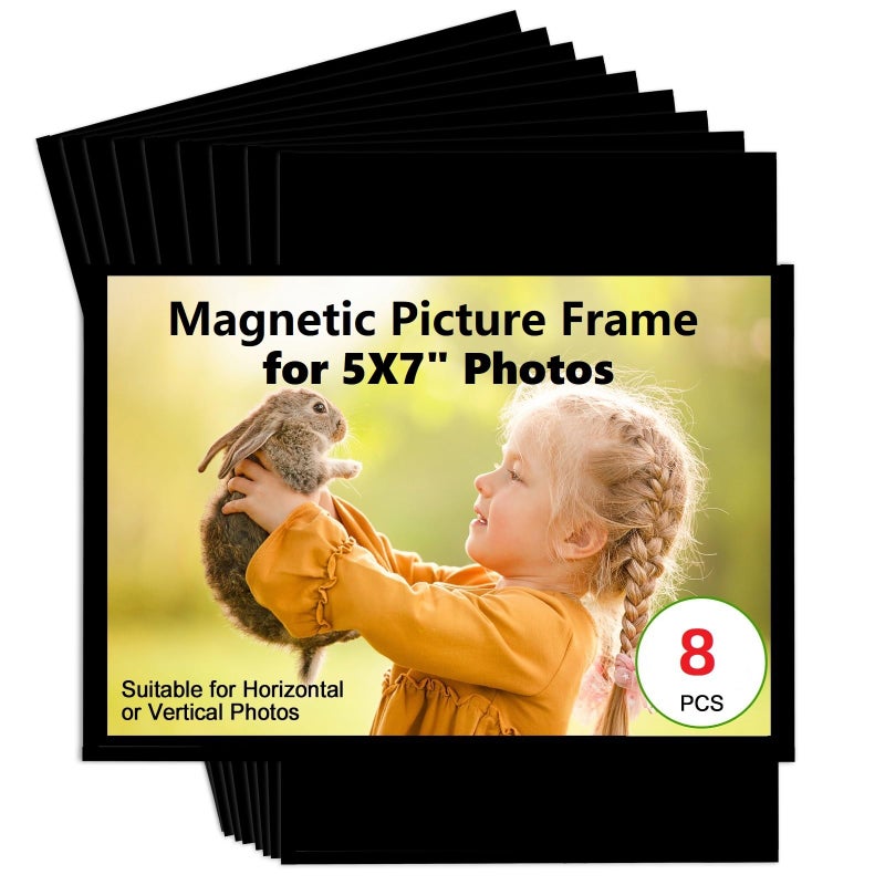 CHUNNIAO Black Magnetic Picture Frame 5X7 for Refrigerator-8 Pack Black Photo Magnets Sleeves with Matte Film Cover Less Reflection - Image 1