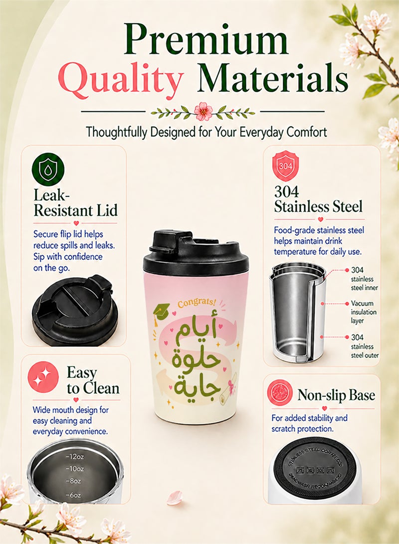 GALADUNE 12oz Insulated Stainless Steel Coffee Mug, Leak Proof Travel Cup, Graduation Mug with Scroll, Pink - Image 3