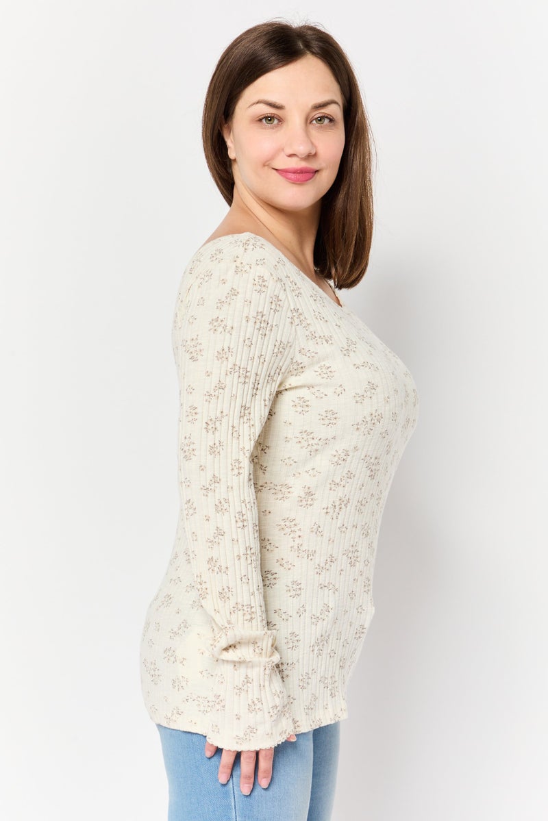 promod Women Crew Neck Floral Print Long Sleeve Top, Multicolor - Image 2