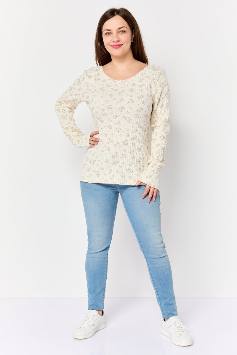 promod Women Crew Neck Floral Print Long Sleeve Top, Multicolor - Image 4