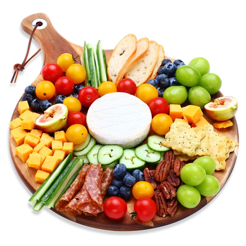 hecef Acacia Wood Large Cheese Board Charcuterie Board Round Cutting Board with Paddle Handle for Pizza Cheese Fruits Vegetables Bread  Food Serving Tray  12 inch