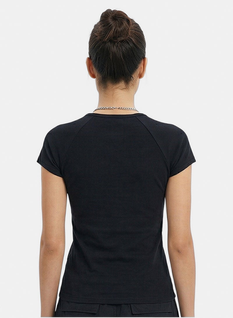 RAVIN Women Black Slim Fit Raglan Sleeve Essential T-Shirt - Image 2