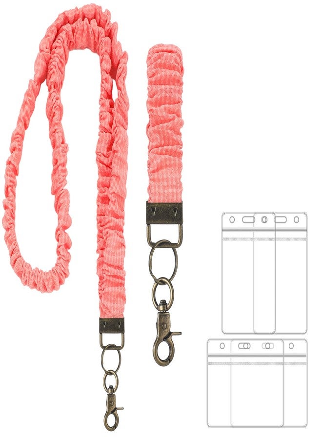 Marspark 2 Set Scrunchie Lanyards with 4 Card Holders for ID Badges and Keys Cute Stretchy Scrunchie Neck and Wrist Lanyards for Teacher Women Nurses School Office Supplies (Pink,Striped) - Image 1